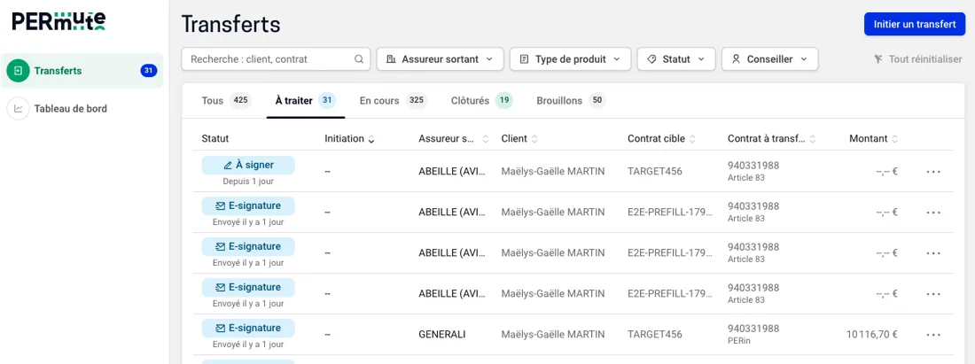 Capture de PERmute Distribution : Plusieurs contrats à transférer pour un même client ? PERmute remplit le dossier à votre place.