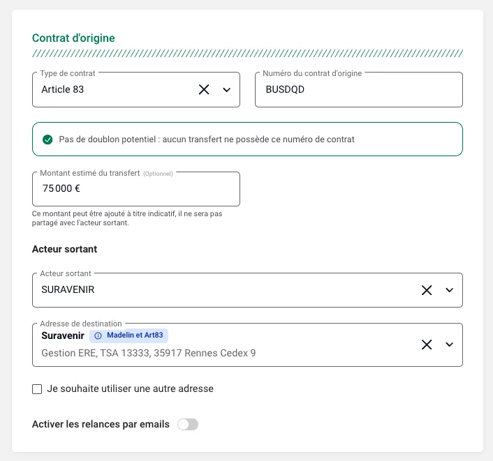 Capture de PERmute Gestion : L'adresse d'envoi de votre demande de transfert est proposée automatiquement.
